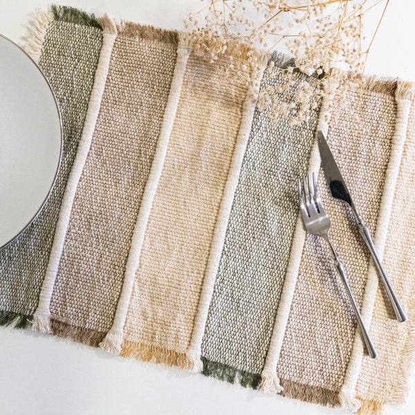 Handwoven, handmade shades of forest cotton linen placemat. 13”x19”. Boho table mat, striped green mustard natural table linen