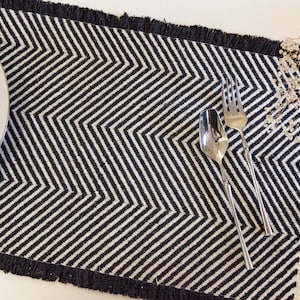 Chevron black & white 13”x19” handwoven, handmade cotton linen placemat Black/ white table mat Boho monochrome dining table linen