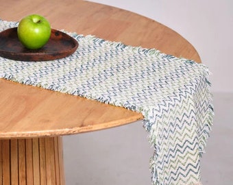 Handmade, handwoven textured cotton velvet table runner 14"x78". Decorative table linen Boho chevron modern dining table linen