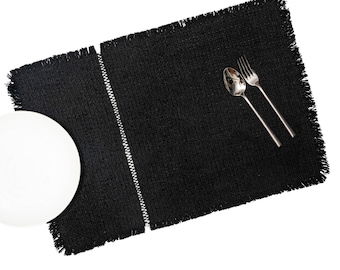 Handmade, handwoven black cotton linen placemat with single white stripe. 13”x19”. Boho black solid table mat, dining table linen