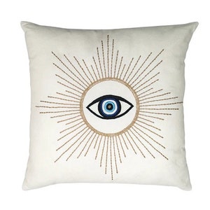 Hand embroidered Radiance Evil Eye Pillow Cover 18&quot; x 18&quot; - Blue Evil Eye Cushion Cover. Good Luck Home Decor. Boho White Blue Gold Pillow