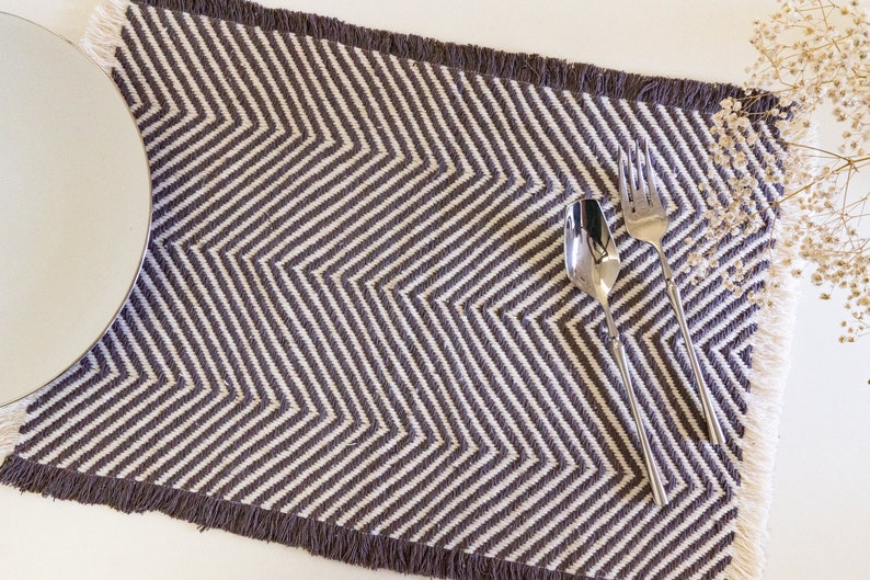 Chevron grey. 13x19 handwoven, handmade cotton linen placemat. Decorative table mat. Boho grey white chevron dining table linen image 4