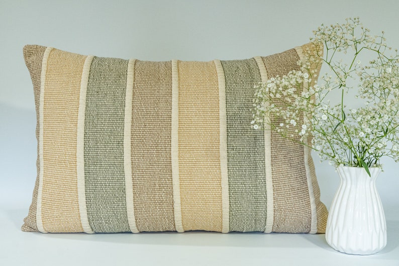 Lucy-Blue green shades 12 x 20 handwoven, handmade textured decorative cotton throw pillow/ scatter cushion. Boho coastal tropical stripe. image 3