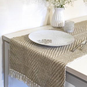 Handmade, handwoven textured cotton linen table runner 16x55. Decorative table linen Boho chevron natural modern contemporary dining linen image 2