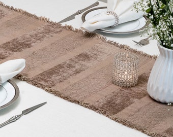 Handmade, textured cotton velvet table runner 14"x74". Decorative table linen Boho striped Natural modern dining table linen
