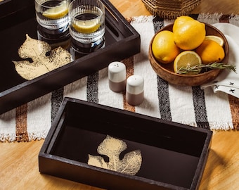 Black and Gold Maple Leaf Tray - Set of 2 (Big/Small)