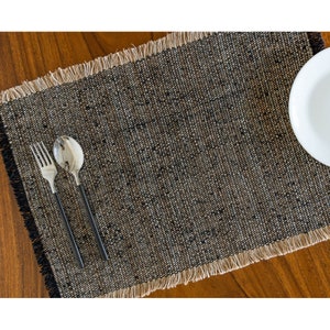 Handmade, handwoven black & natural cotton linen placemat. 13”x19”. Bohemian black/ beige table mat. Boho solid dining table linen