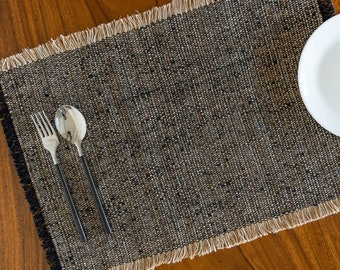 Handmade, handwoven black & natural cotton linen placemat. 13”x19”. Bohemian black/ beige table mat. Boho solid dining table linen