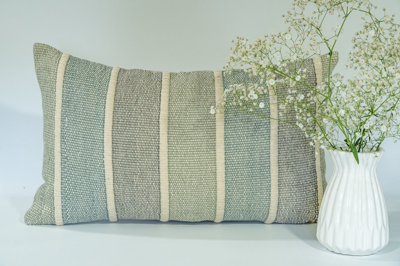 Lucy-Blue green shades 12 x 20 handwoven, handmade textured decorative cotton throw pillow/ scatter cushion. Boho coastal tropical stripe. image 1