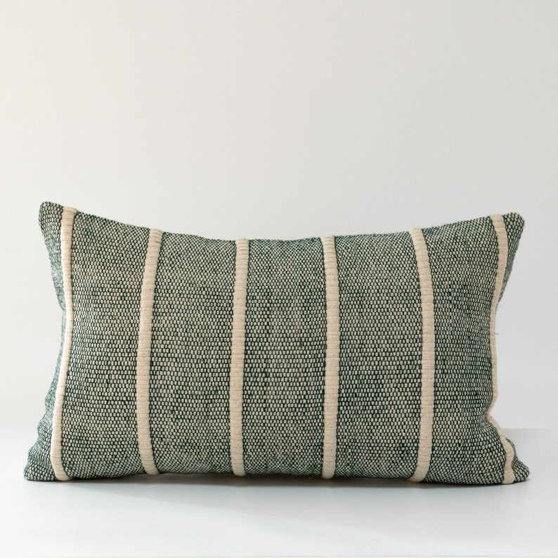 Lucy-Blue green shades 12 x 20 handwoven, handmade textured decorative cotton throw pillow/ scatter cushion. Boho coastal tropical stripe. image 5