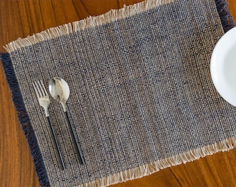 Handmade, handwoven bluish-grey & natural cotton linen placemat. 13”x19” Bohemian coastal table mat. Boho solid dining table linen