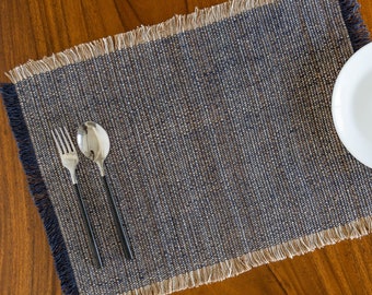 Handmade, handwoven bluish-grey & natural cotton linen placemat. 13”x19” Bohemian coastal table mat. Boho solid dining table linen