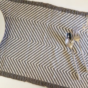 Chevron grey. 13x19 handwoven, handmade cotton linen placemat. Decorative table mat. Boho grey white chevron dining table linen image 1