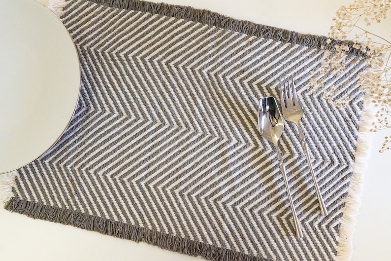 Chevron grey. 13x19 handwoven, handmade cotton linen placemat. Decorative table mat. Boho grey white chevron dining table linen image 1