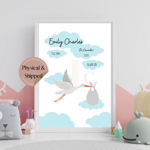 Impresión personalizada de cigüeña de nacimiento para niños / Decoración del hogar / Arte de pared para niños y guarderías / Guardería / Recién nacido / Baby shower / Póster para niños