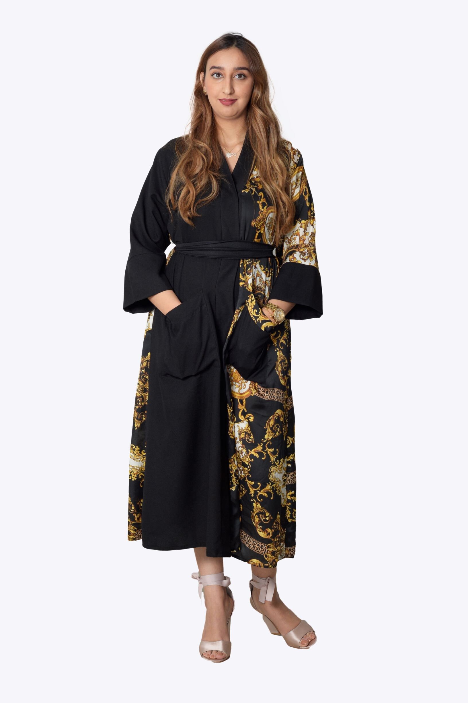 black and gold satin robe