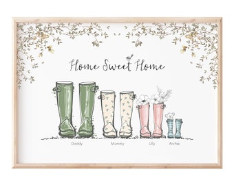 Custom Family Print, Pastel Colour Wellies, Personalised Family