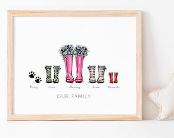 Family Personalised Print Gift, New Home Gifts, Welly Boot Family, Wellies Print, Housewarming Present, Birthday Gift for Mum, Dad, Grandad