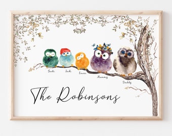 Personalised Owl Family Print, Owl Gift, Custom Family Portrait, The Owl House, Christmas Owl Family Print, New Home Gift,FREE GIFT WRAPPING