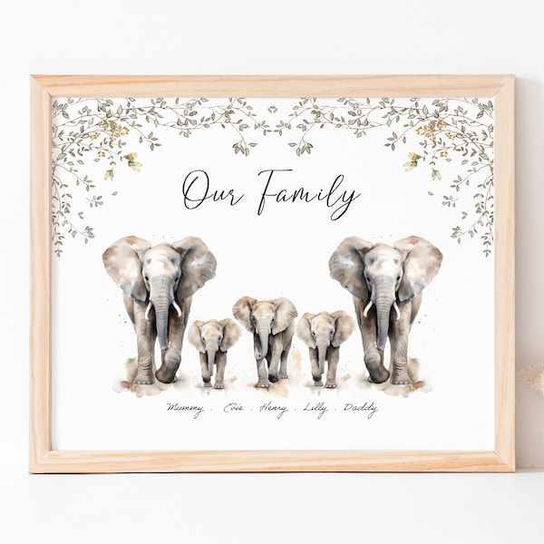 Elephant Family Portrait Print, Personalised Gift,  Custom Family Portrait, Unique Family Gift, Animal Family Print, Gift for Family