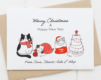 Personalised Christmas Card, Custom Family Christmas Card, Cat Christmas Card, Cat Family Card, Merry Christmas, Happy New Year, Cute Cats