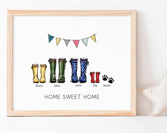 Personalised Family Welly Print, Family Welly Print, New Home Gift, Wellies Print, Custom family portrait, Family Print, New Home