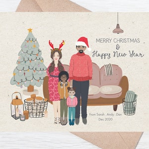 Ritratto di famiglia di Natale personalizzato, Ritratto di famiglia di Natale personalizzato, Biglietto di Natale stampato di alta qualità, Ritratto di famiglia personalizzato