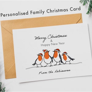 Gepersonaliseerde kerstkaart, aangepaste Robin-kerstkaart, gepersonaliseerde Robin-familiekaart, familieportret, prettige kerstdagen, gelukkig nieuwjaar