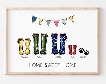 Personalised Family Welly Print, Family Welly Print, New Home Gift, Wellies Print, Custom family portrait, Family Print, New Home