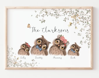 Personalised Owl Print, Owl Gift, Custom Family Portrait, The Owl House, Family Print, Owl Accessories, Mothers Day Owl, FREE GIFT WRAPPING