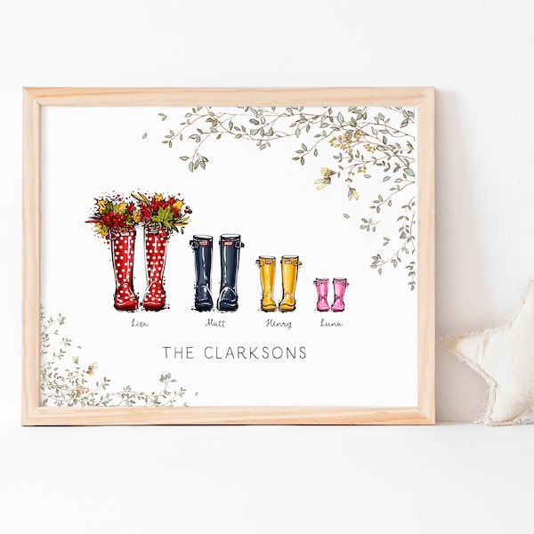 Custom Family Portrait, New Home Gift, Christmas Gift, Family Print, Personalised family Welly Print, wellies,Including FREE GIFT WRAPPING