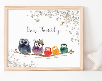 Personalised Owl Family Print, Owl Gift, Family Personalised Print Gift, Housewarming Present, Birthday Gift for Mum, Dad, Grandad Grandma