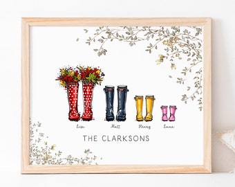 May include: A framed print featuring illustrated wellington boots, each pair representing a family member. The boots are in various colors, including red polka dots, navy, yellow, and pink. The family name "The Clarksons" is printed below.