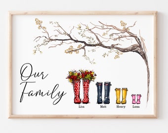Family Print, Personalised family Welly Print, Family Wellington Boot Personalised Print Family Gift Welly Family Art, Handmade Gift