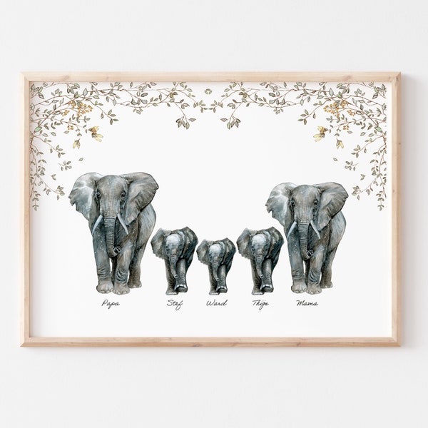 Personalised Elephant Family Print, Custom Print, New Home Gift, Christmas Gift for Mum, Dad, Sister, Grandma, Grandad, Best Friend, Unique