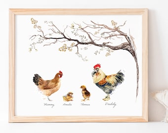 May include: Watercolor painting of a rooster, hen, and two chicks. The rooster is on the right, the hen is on the left, and the chicks are in the middle. The rooster is brown and white with a red comb. The hen is brown and white. The chicks are yellow. The painting is on a white background with a brown branch above the birds. The text "Mummy", "Amelia", "Thomas", and "Daddy" is written below the birds.