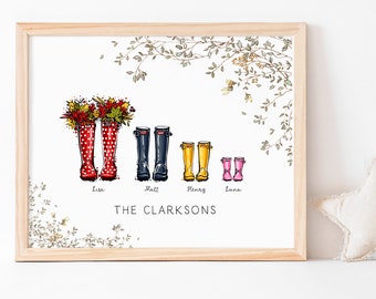 Family Personalised Print Gift, New Home Gifts, Welly Boot Family, Wellies Print, Housewarming Present, Birthday Gift for Mum, Dad, Grandad