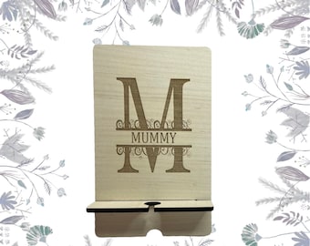 Mobile Phone Stand, Personalised Phone Stand With Name and Initial, Wooden Mobile Phone Stand And Charging Dock
