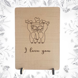 Tarjeta y soporte de San Valentín, regalo de perezoso de madera "I Love You Card", regalos de San Valentín para él, tarjeta de cumpleaños, regalos de San Valentín para ella