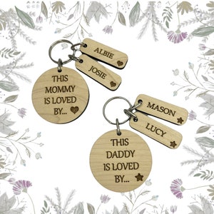 Personalised Christmas Gift This Mommy Daddy Is Loved By, Personalised Wooden Keyring for Daddy Grandad Mommy Nanny Gift