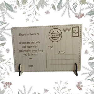 Postal de madera grabada personalizada, regalo de esposo esposa, regalo de postal, regalo de madera de 5 años de aniversario