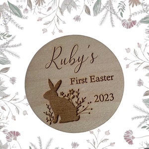 Personalised Engraved Baby&#39;s First Easter Name Plaque, My First Easter Keepsake, Wooden Baby Plaque, My First Social Media Photo Prop Disc