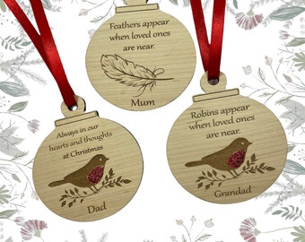 Personalised Christmas Tree Bauble Decorations, Robins Feathers Appear When Loved Ones Are Near, Lost loved Ones Christmas Memorial Baubles