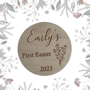 Personalised Engraved Baby&#39;s First Easter Name Plaque, My First Easter Keepsake, Wooden Baby Plaque, My First Social Media Photo Prop Disc