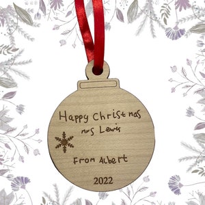 Gepersonaliseerde handgeschreven kerstbal, kinderhandschrift cadeau, handschrift cadeau kerstbal, dierbaren werkelijke handschrift aandenken