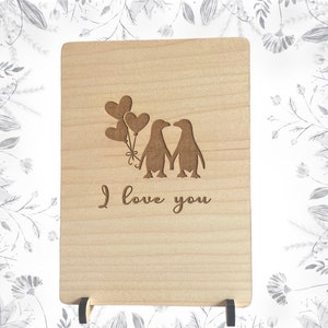 Valentijnskaart en standaard, "I Love You Card" houten pinguïncadeau, Valentijnscadeaus voor hem, jubileumkaart, Valentijnsdagcadeaus voor haar