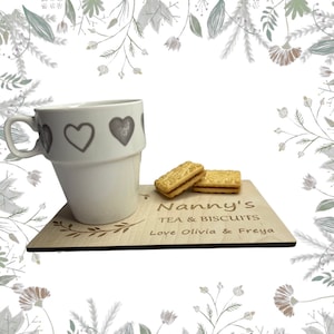 Personalised Tea And Biscuit Board Gift, Wooden Drinks Board Gift For Mothers Day, Personalised Coffee And Biscuit Board Gift