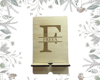 Mobile Phone Stand, Personalised Phone Stand With Name and Initial, Wooden Mobile Phone Stand And Charging Dock
