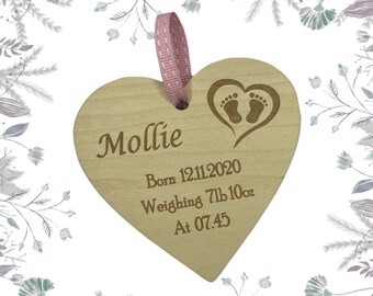 Personalized New Baby Wooden Heart Ornament, Birth Details