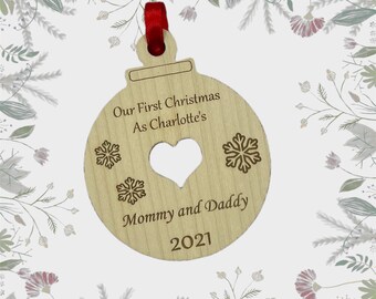 Personalised First Christmas Mummy & Daddy Bauble Gift, Wooden Engraved 1st Christmas As New Parents, First Christmas, New Parent Christmas